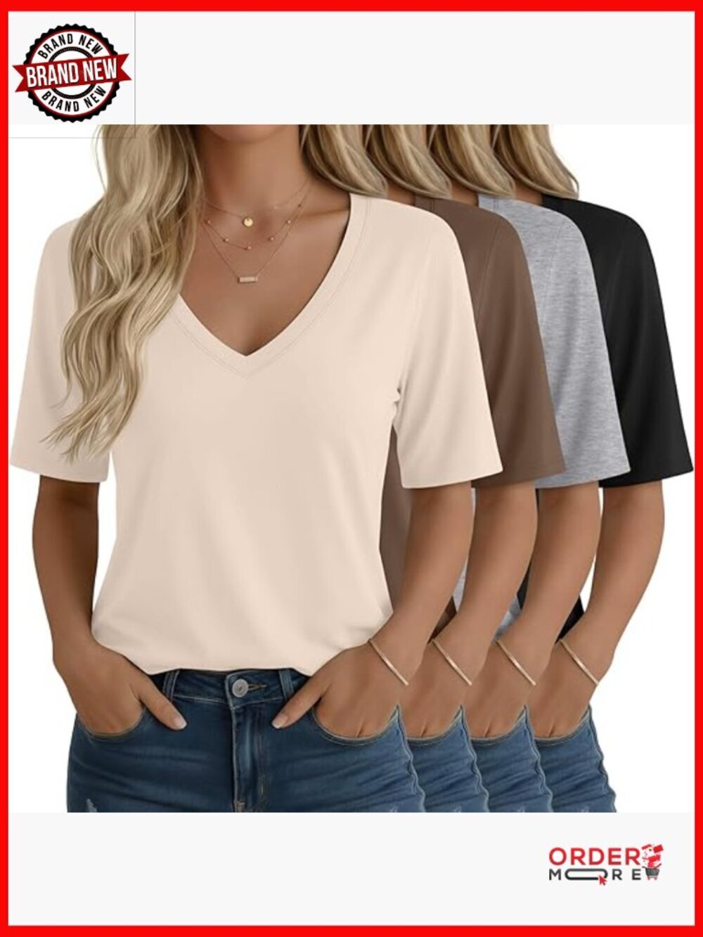 4 Pack Women's Half Sleeve V Neck Tops Loose Fit Straight Hem T Shirts Casual